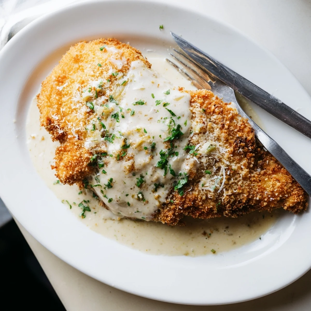 Golden Parmesan crusted chicken breasts drizzled with rich white garlic sauce on a white plate