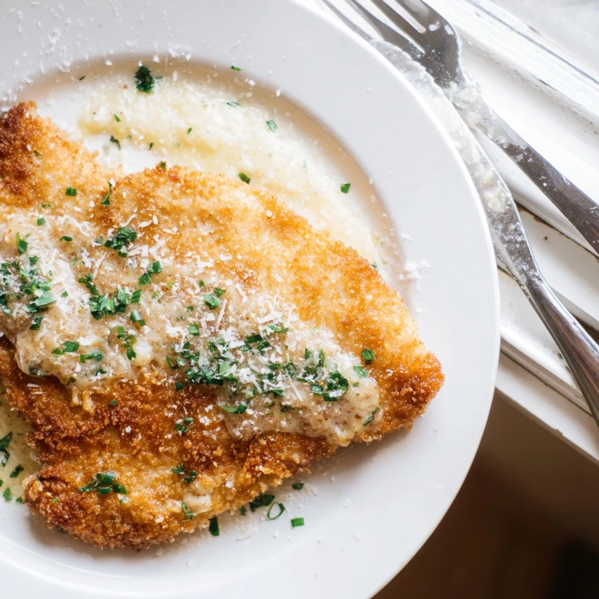 Crispy baked chicken topped with creamy Parmesan garlic sauce garnished with fresh parsley sprigs