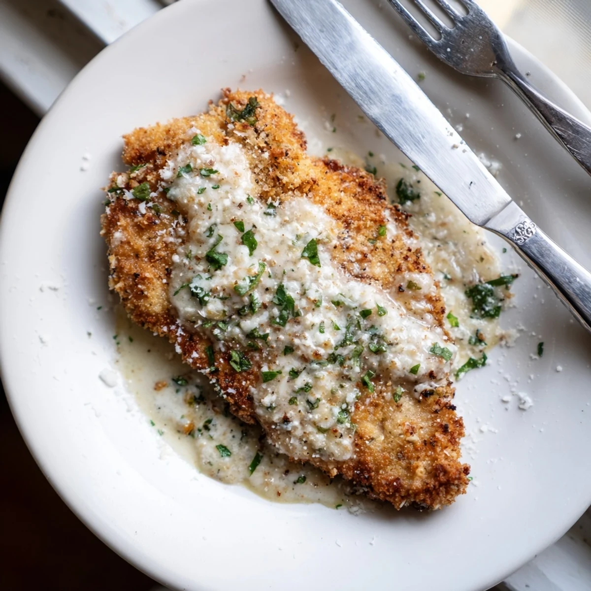 Juicy breaded chicken breast in golden brown crust served with velvety garlic cream sauce