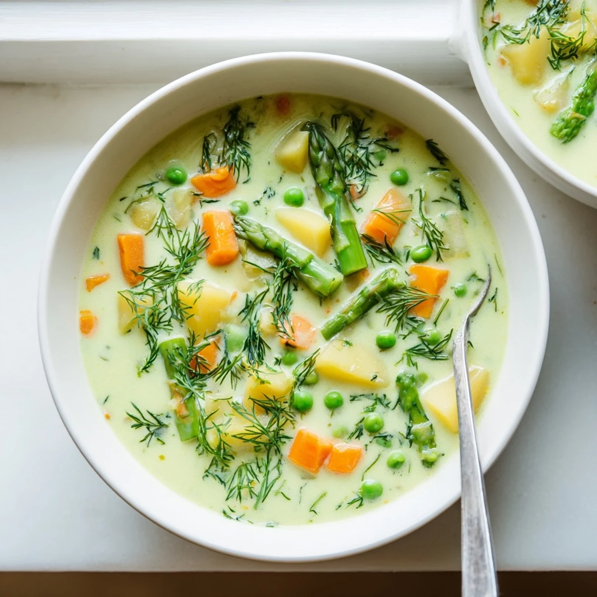 Creamy spring vegetable soup in white bowl topped with fresh green herbs and asparagus spears