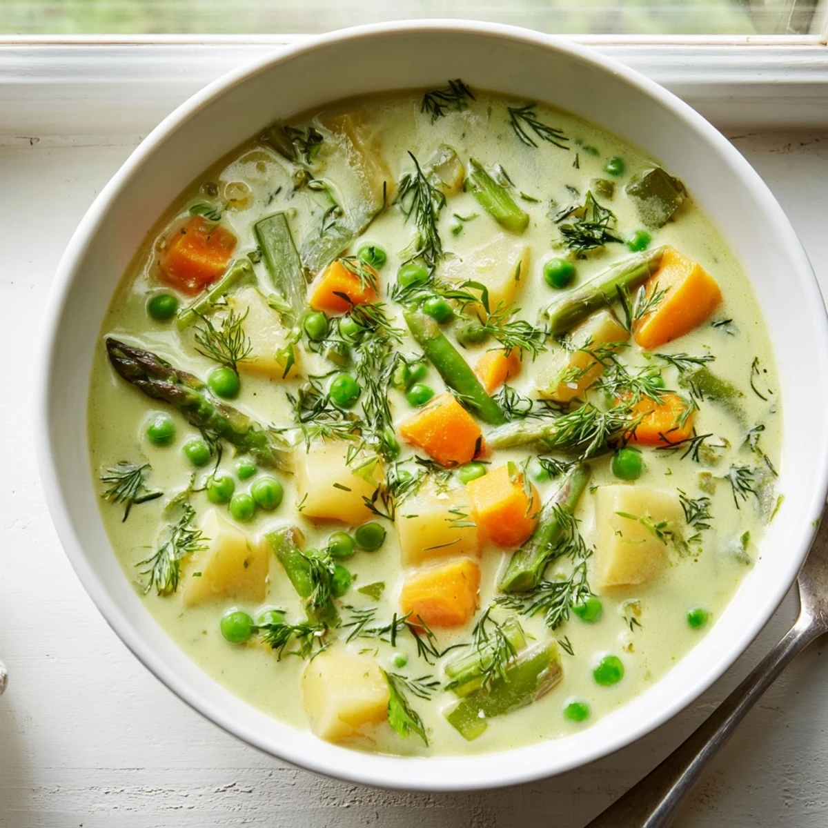 Velvety smooth spring vegetable soup garnished with chopped dill and served with crusty bread