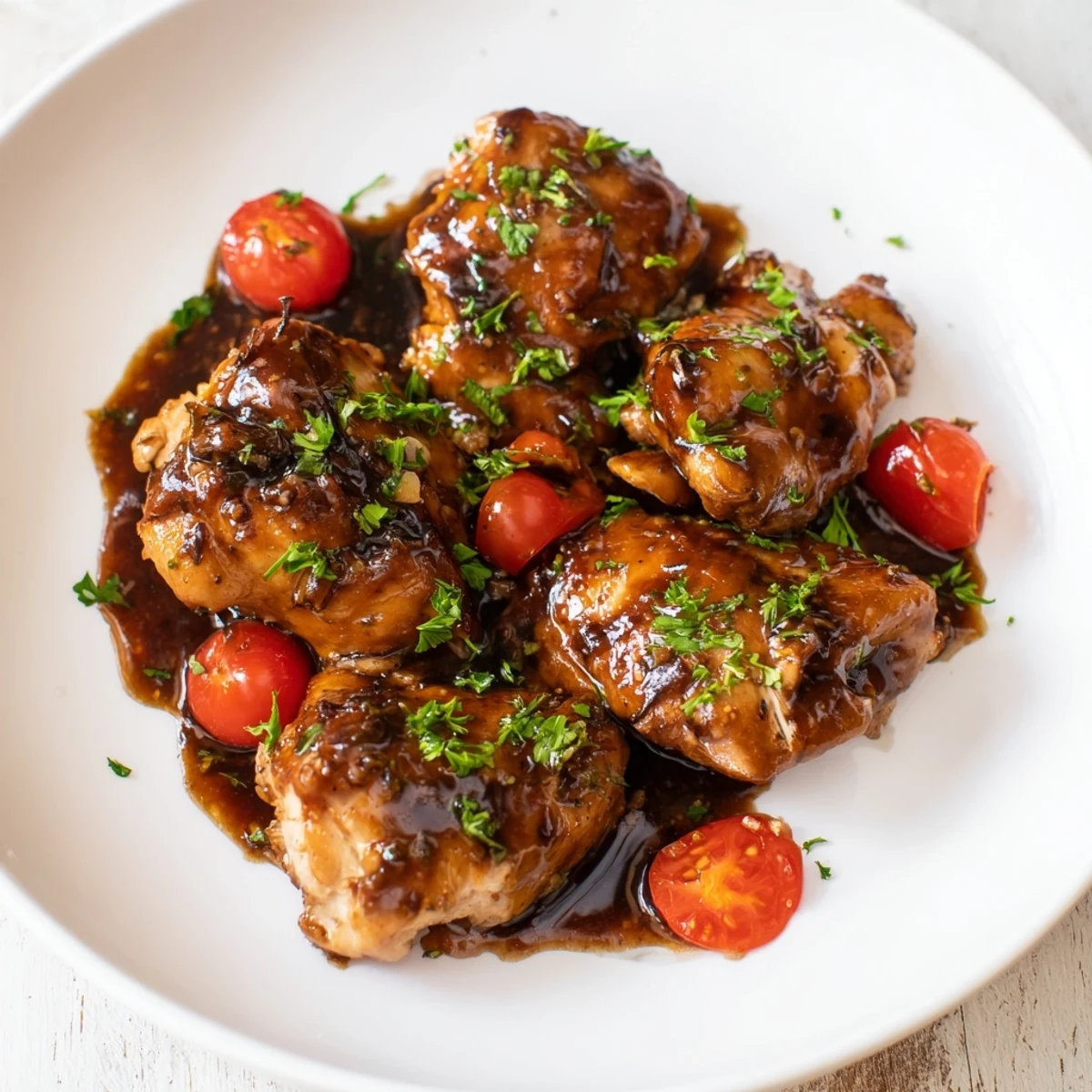 Golden brown Balsamic Baked Chicken Breast with caramelized glaze and fresh parsley garnish on a white plate