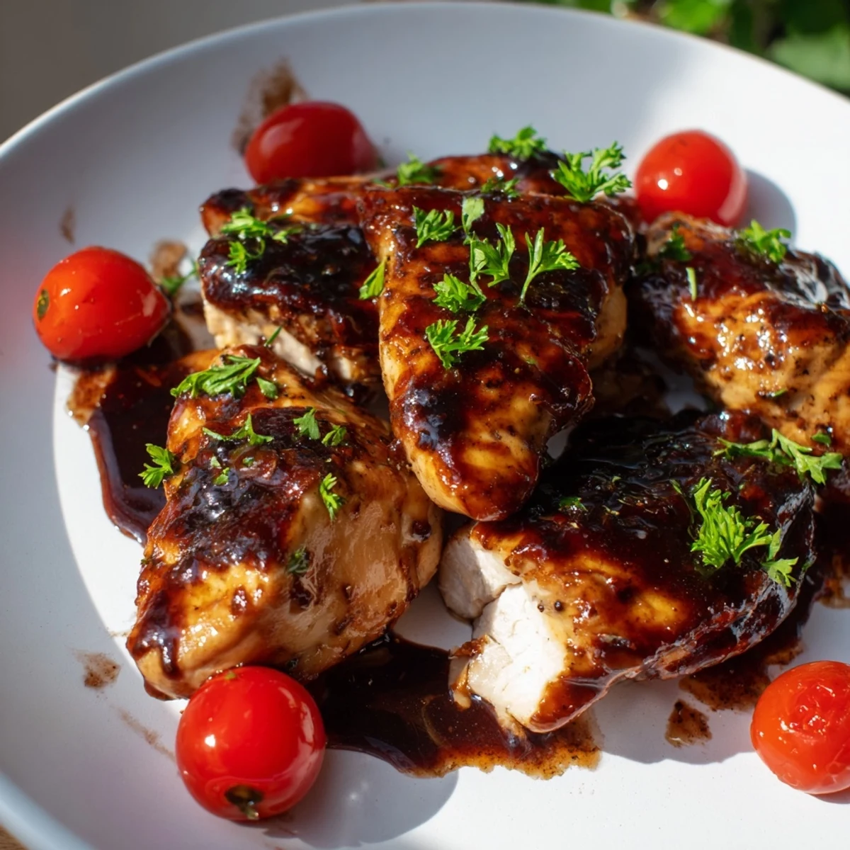 Tender juicy chicken breasts coated in tangy balsamic honey glaze baked to perfection and garnished with cherry tomatoes