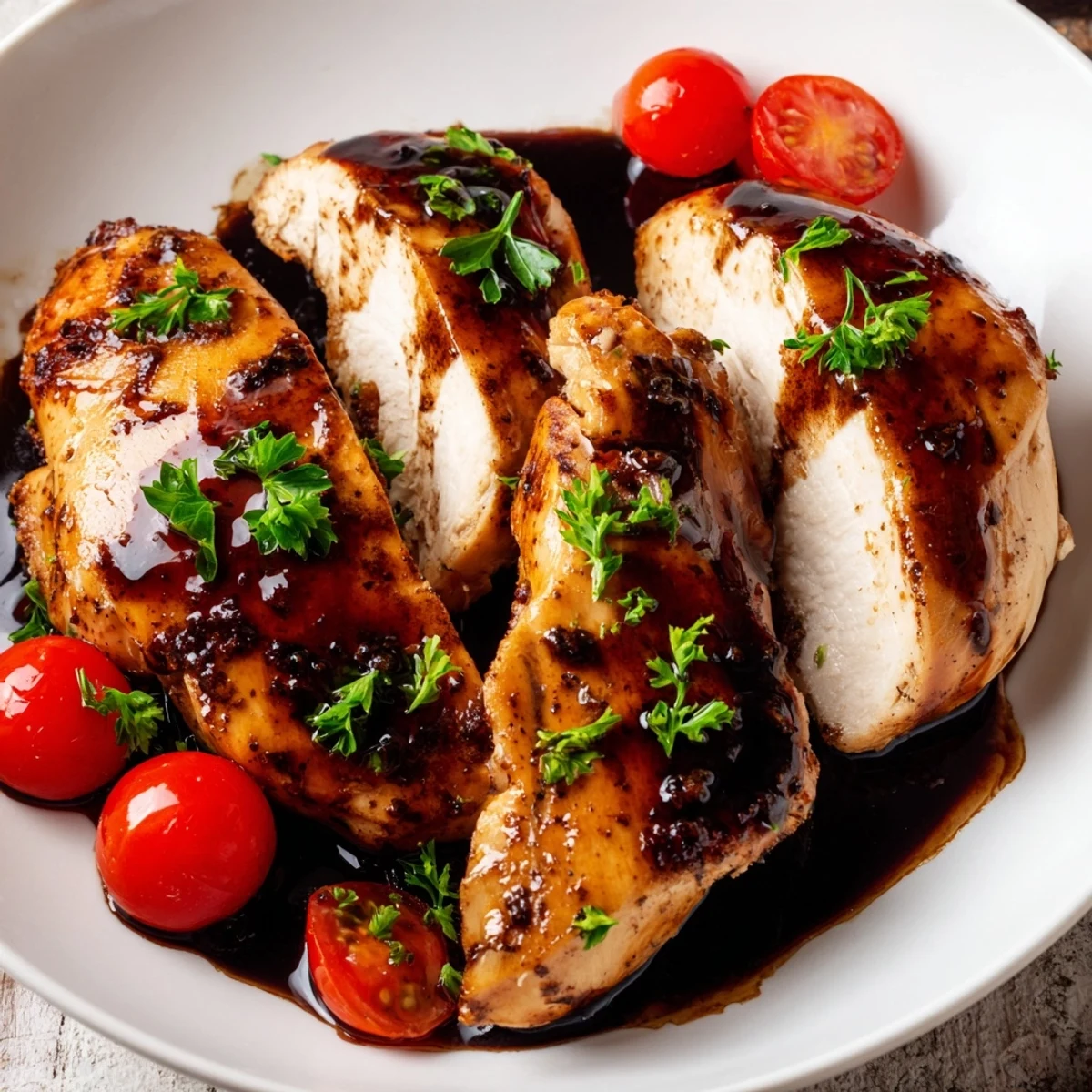 Savory baked chicken breast marinated in rich balsamic vinegar sauce served with steamed vegetables for a healthy dinner