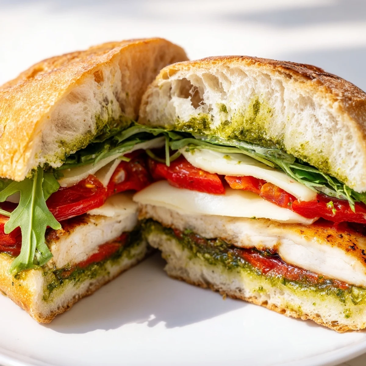 Grilled chicken pesto sandwich layered with melted mozzarella, fresh tomato, and peppery arugula on toasted ciabatta