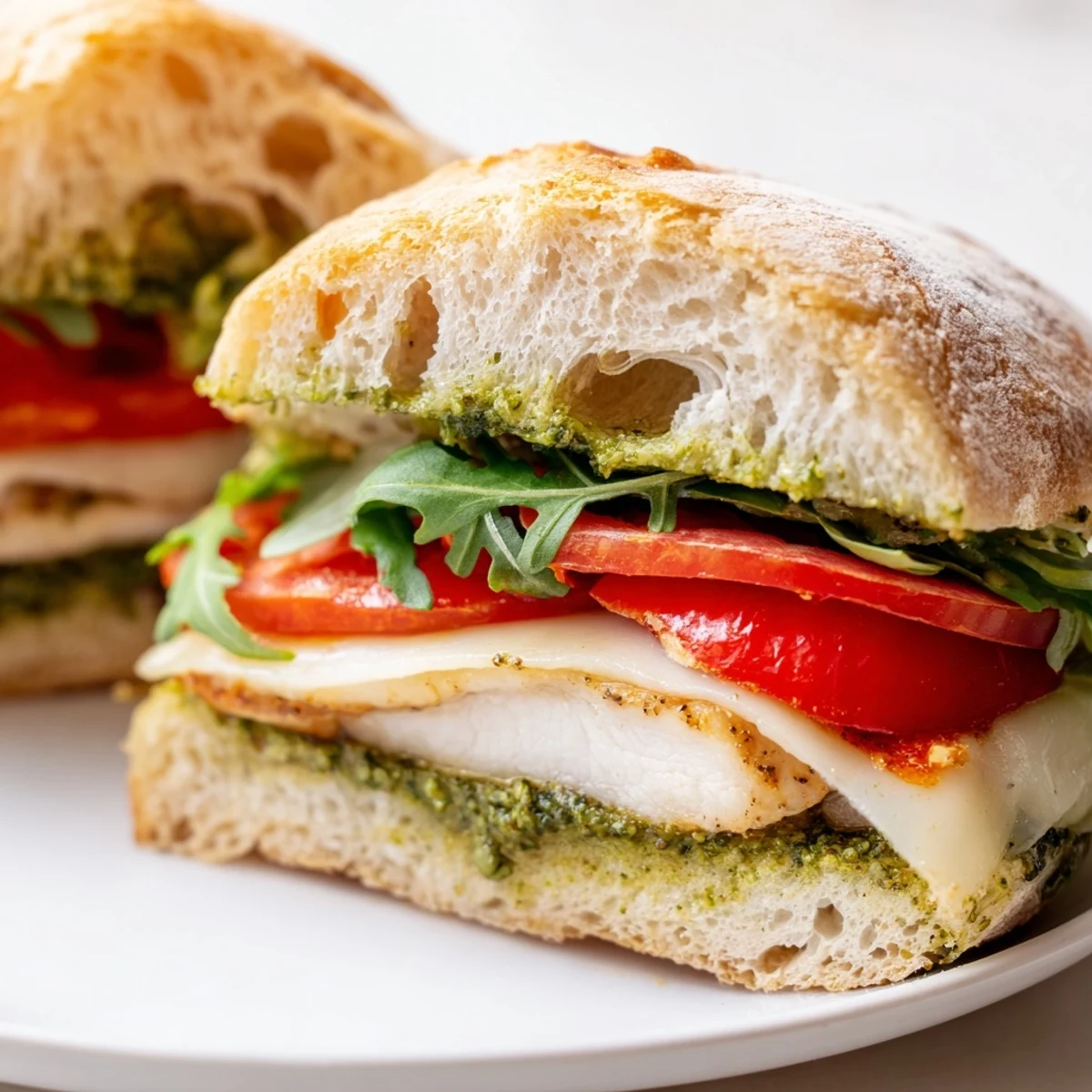 Chicken pesto sandwich cut in half revealing juicy grilled chicken slices with basil pesto and baby spinach