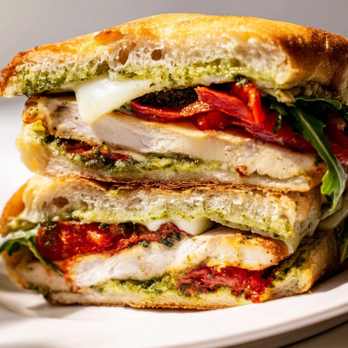 Italian-style chicken pesto sandwich served on a rustic wooden board with fresh tomato and melted cheese