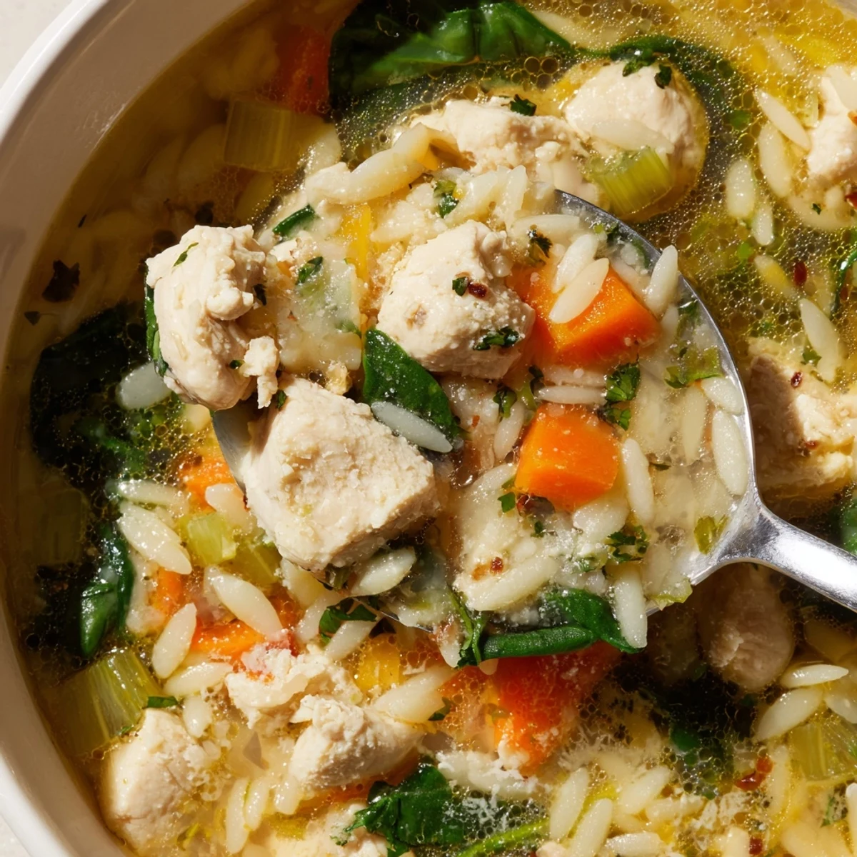 Golden chicken orzo soup with lemon zest garnish served in rustic ceramic bowl with spoon