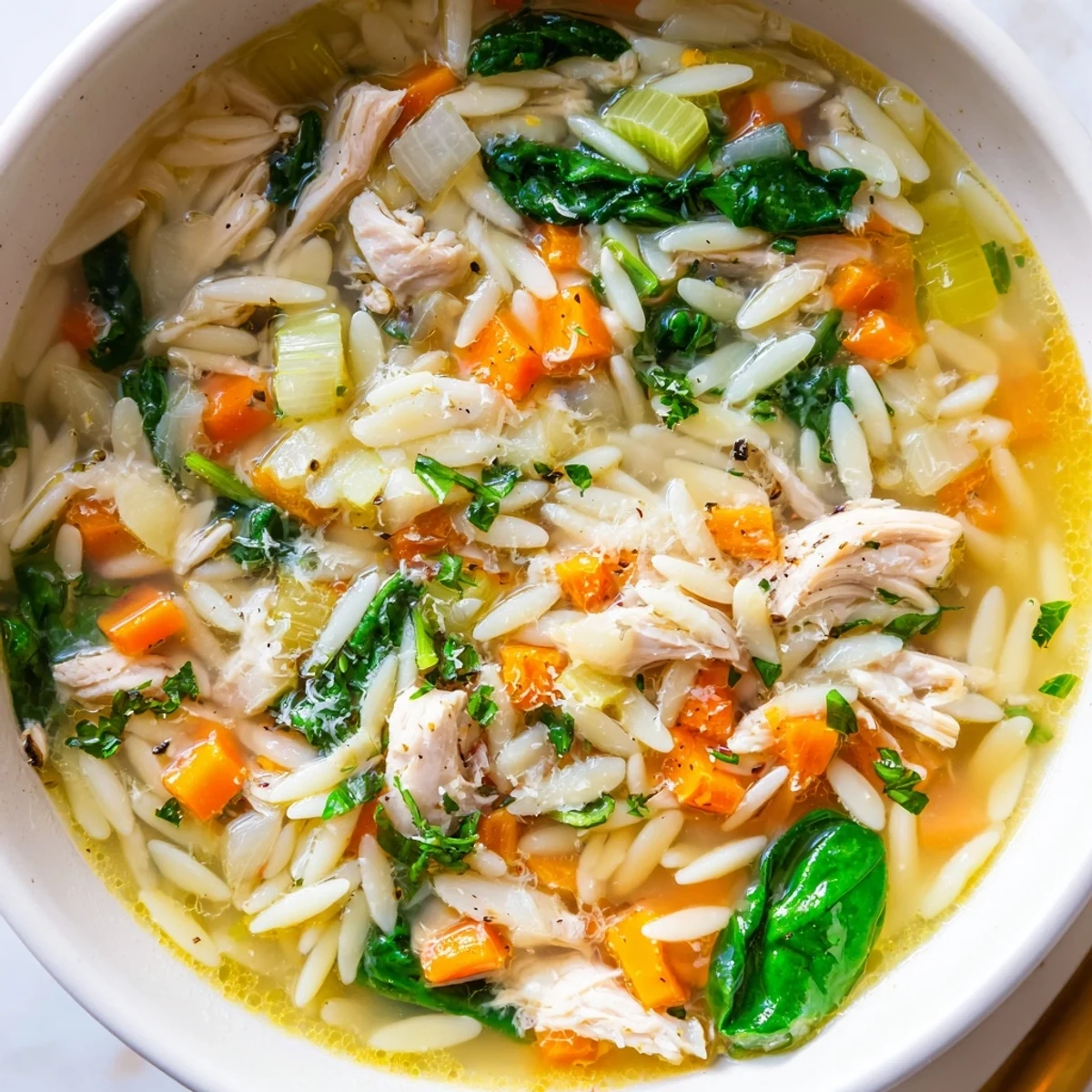Steaming bowl of bright lemon chicken orzo soup featuring tender pasta pieces and spring vegetables