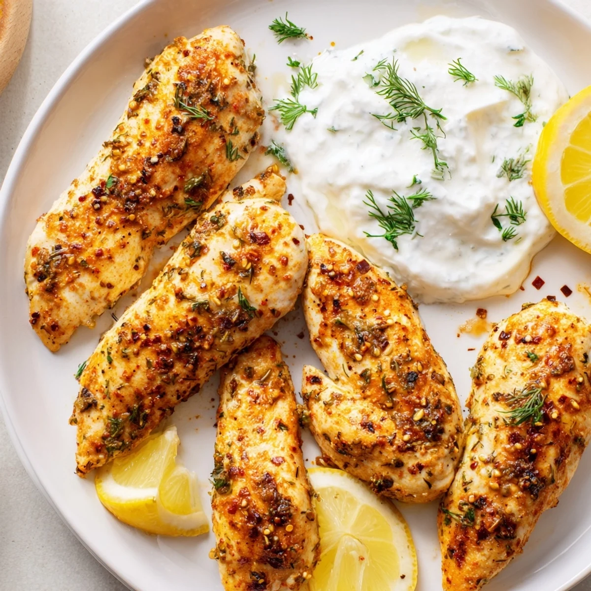 Golden pan-seared Mediterranean chicken tenders garnished with fresh parsley and served with creamy lemon garlic yogurt dip
