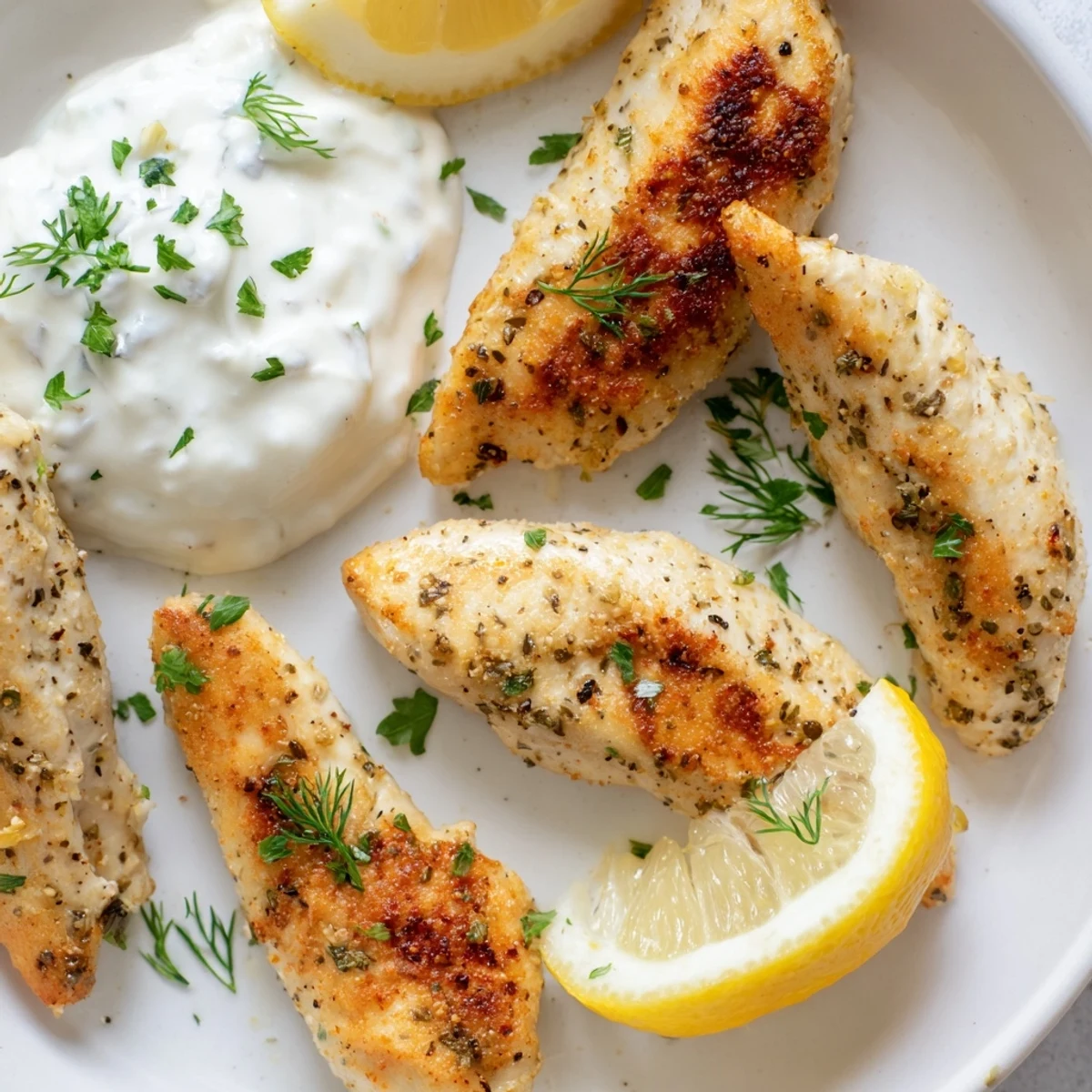 Juicy herb-marinated Mediterranean chicken tenders arranged on a white plate alongside tangy Greek yogurt dipping sauce