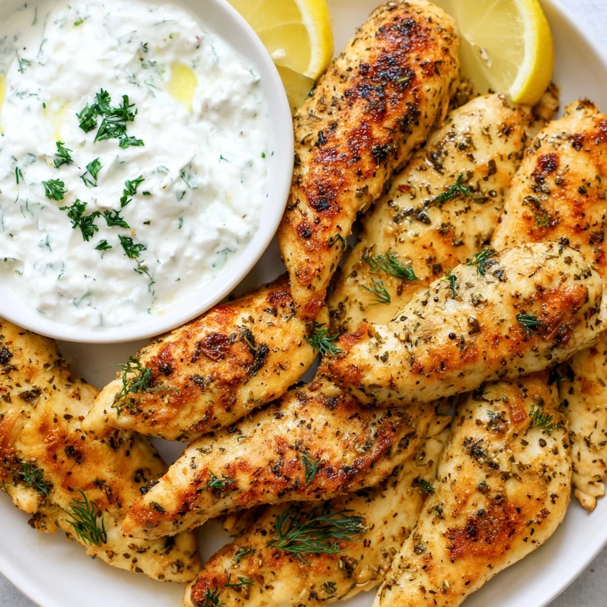 Perfectly cooked Mediterranean chicken tenders with crispy golden edges and refreshing lemon wedges for a healthy dinner