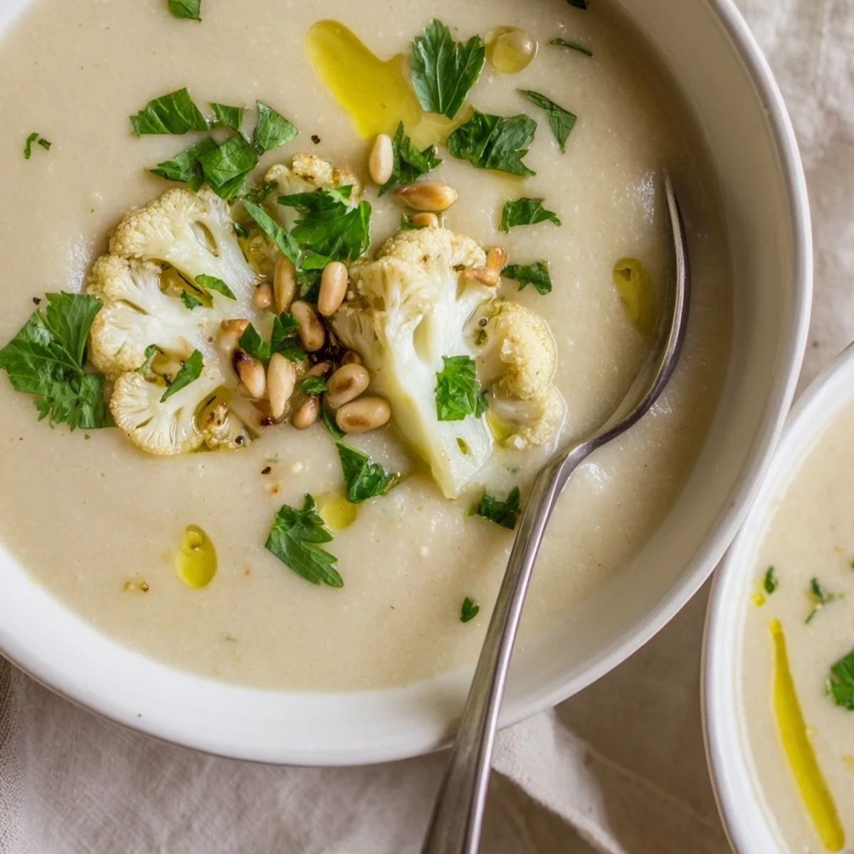 Creamy Mediterranean cauliflower soup garnished with roasted florets, pine nuts, and fresh parsley in a white bowl