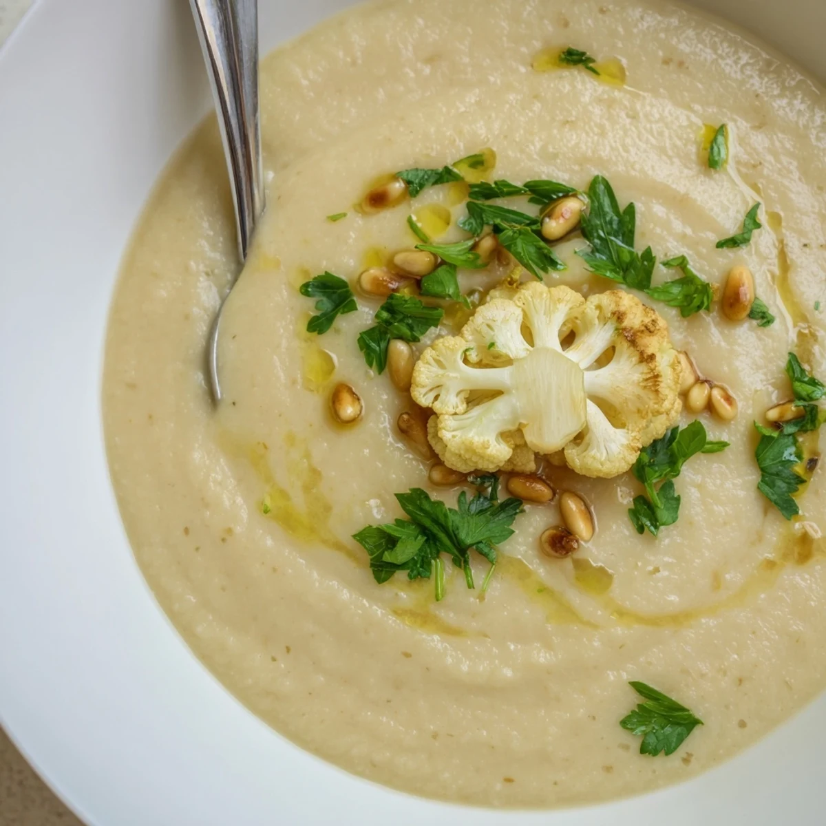 Velvety roasted cauliflower soup with cumin and lemon, served with crusty bread for a comforting Mediterranean meal
