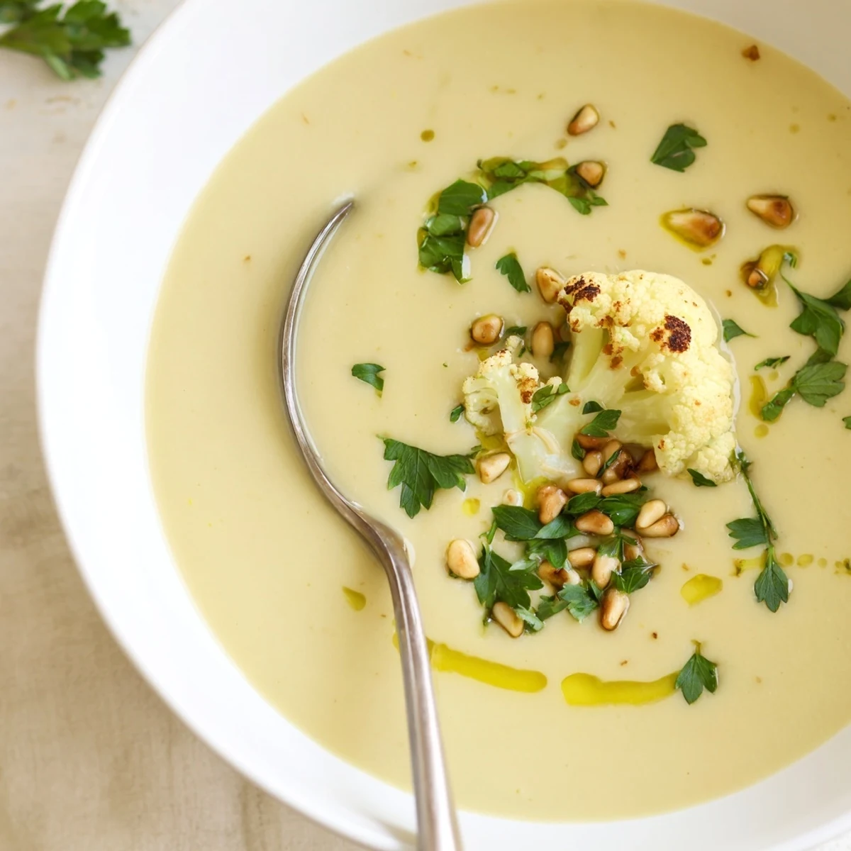 Golden bowl of smooth Mediterranean cauliflower soup topped with toasted pine nuts and drizzled with olive oil