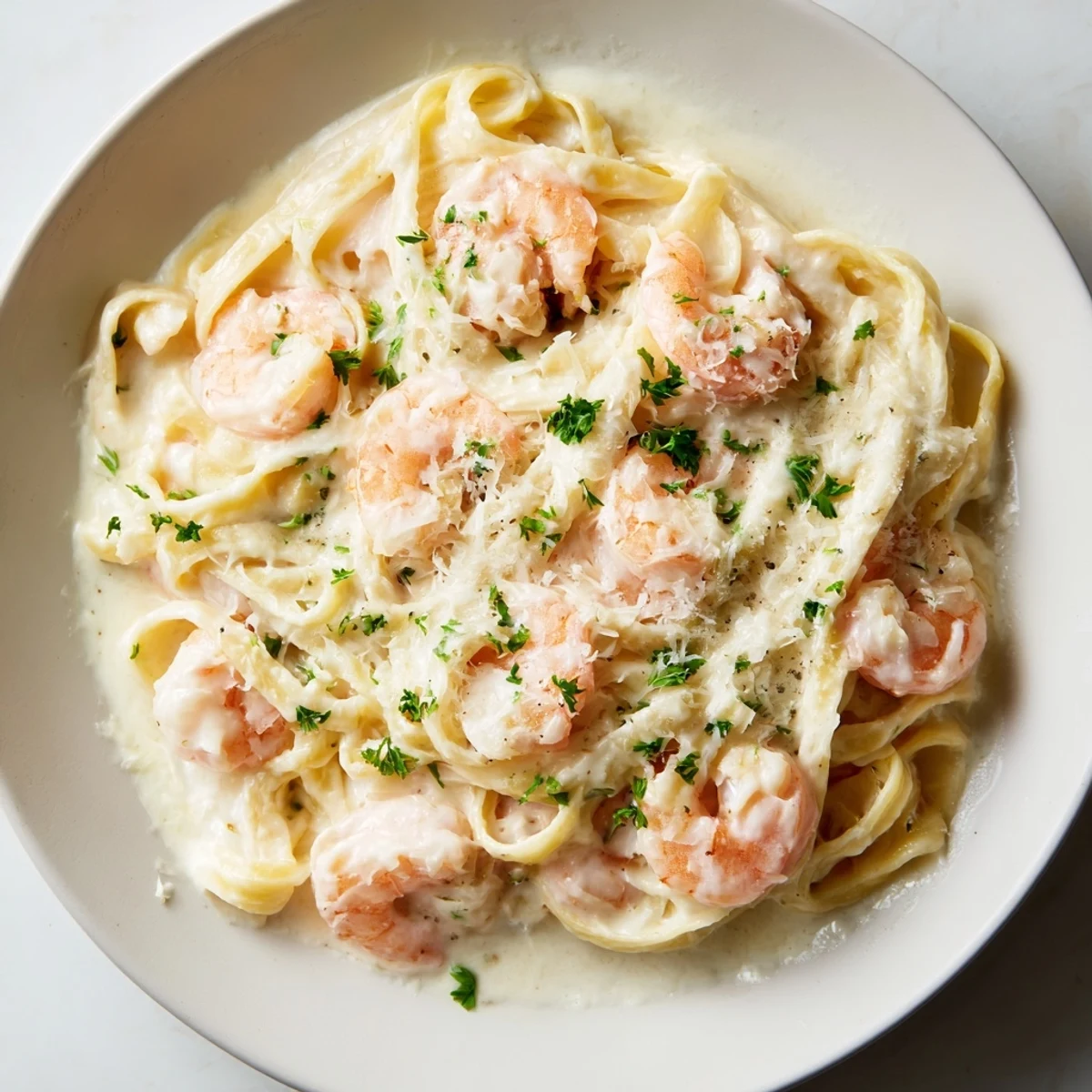 Creamy shrimp fettuccine pasta with homemade Alfredo sauce coated in rich, velvety white sauce