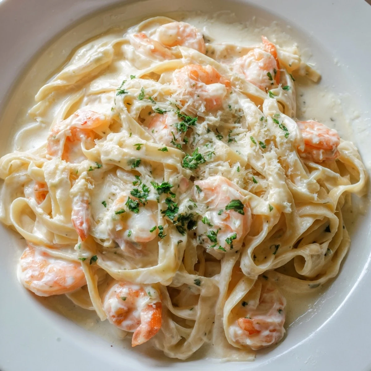 Tender shrimp atop fettuccine noodles swimming in a thick, cheesy homemade Alfredo sauce