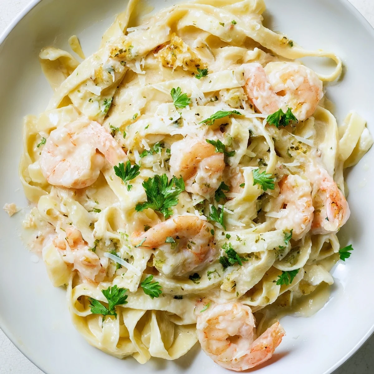 Golden-brown shrimp and al dente pasta tossed in a buttery Parmesan cream Alfredo sauce