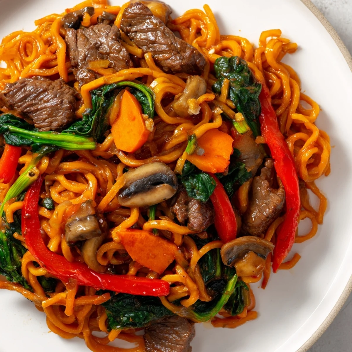 Chewy sweet potato noodles tossed with marinated beef, bell peppers, and savory gochujang dressing