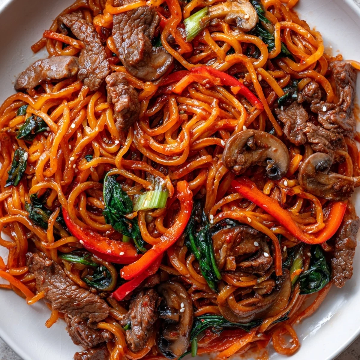 Plate of Korean beef noodles featuring sesame garnished noodles with spinach, carrots, and beef strips