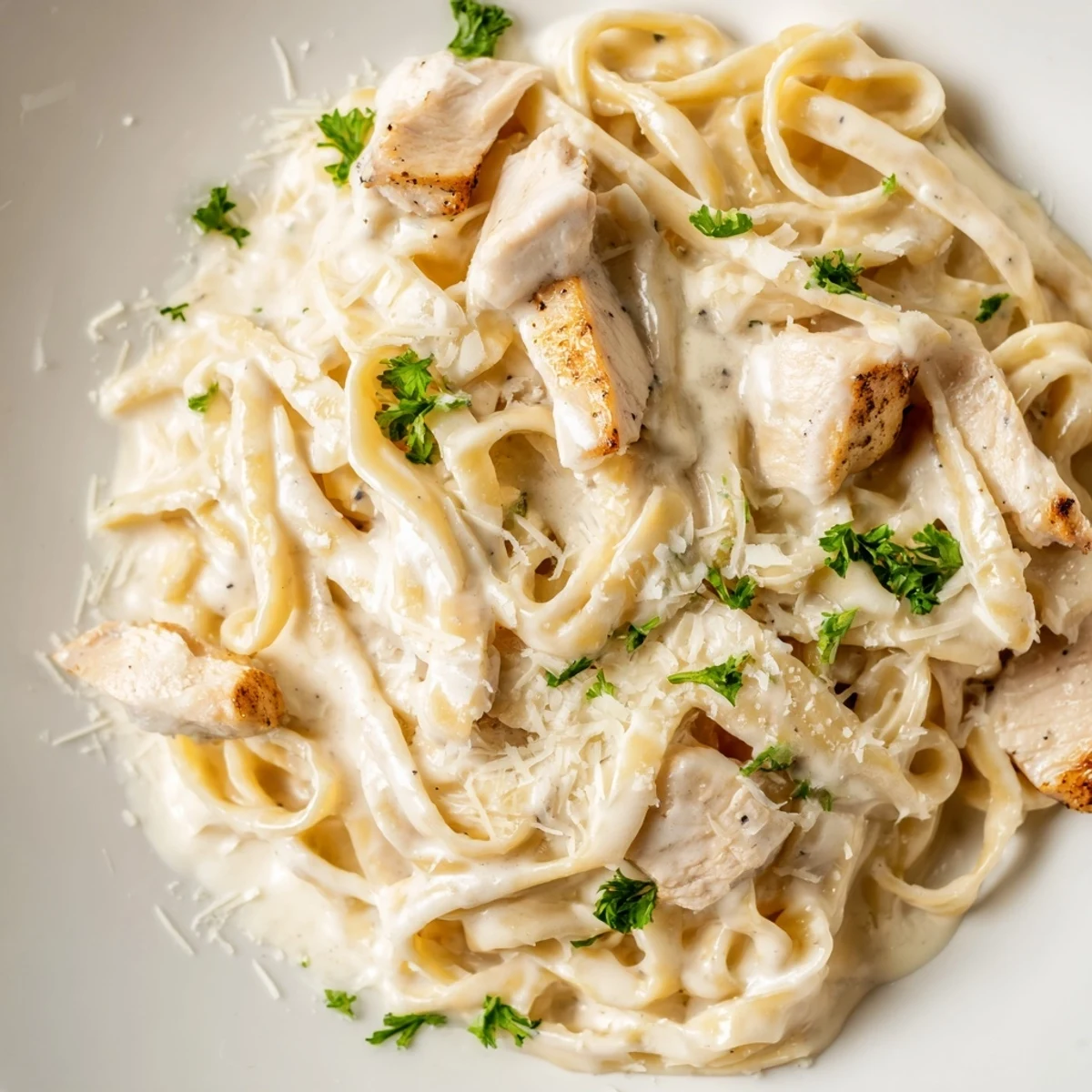 Creamy chicken alfredo pasta featuring sliced golden chicken and fettuccine coated in rich Parmesan sauce