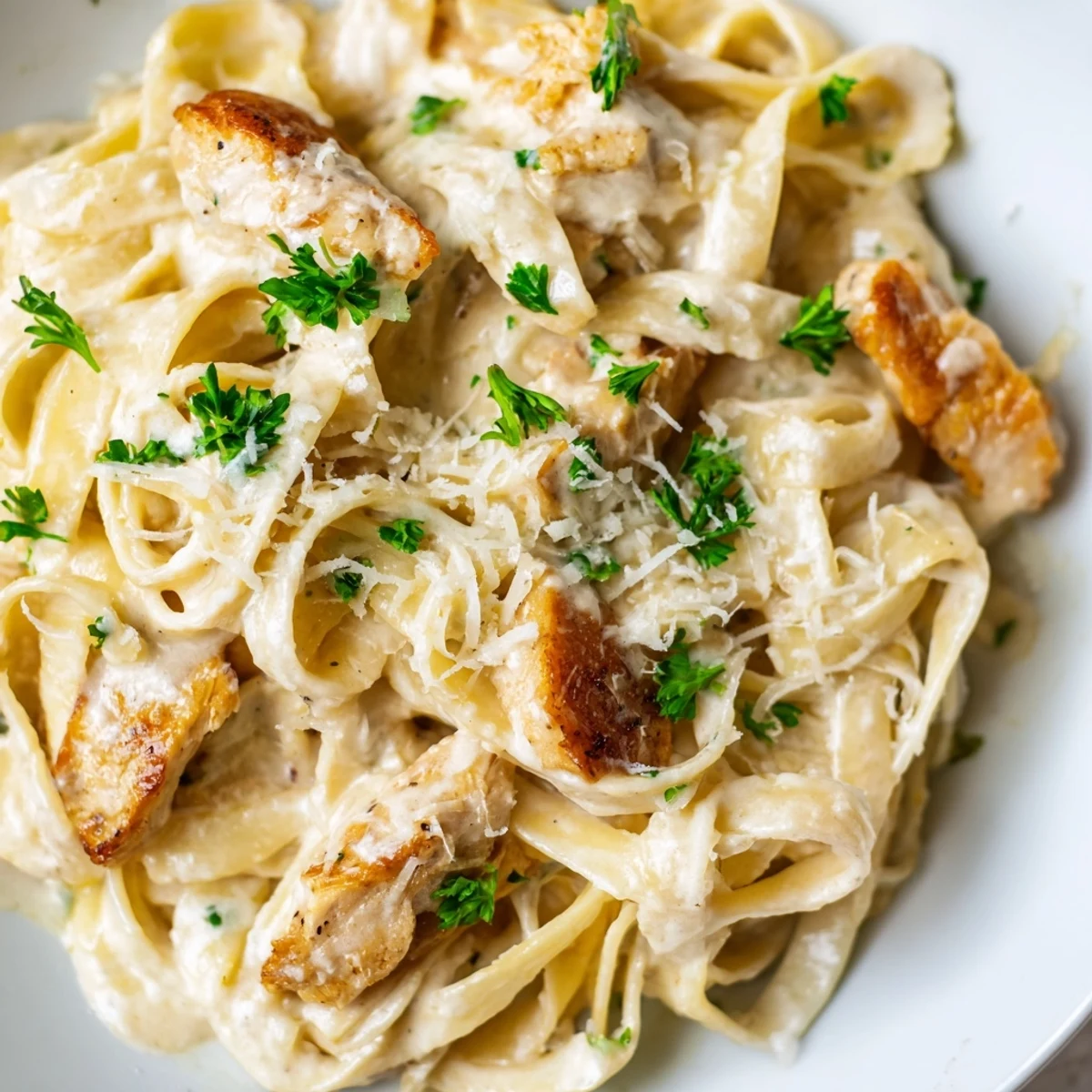 Homemade chicken alfredo pasta tossed in velvety garlic cream sauce with fresh parsley garnish