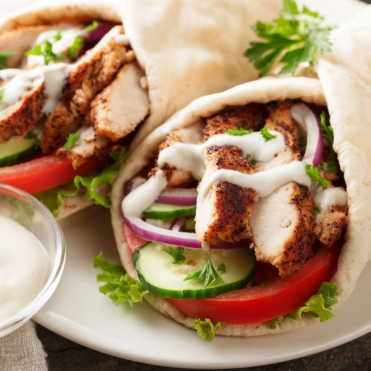 Golden brown spiced chicken shawarma wrapped in warm pita with drizzled garlic sauce and fresh vegetable toppings