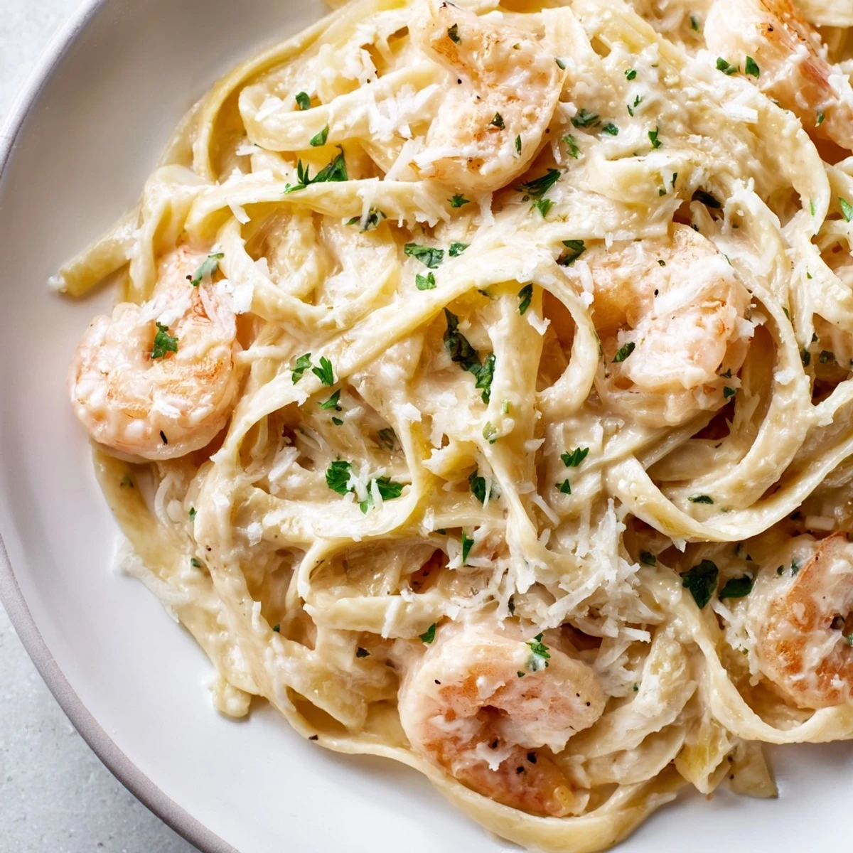 Creamy one pan shrimp fettuccine Alfredo with tender pink shrimp and parmesan sauce
