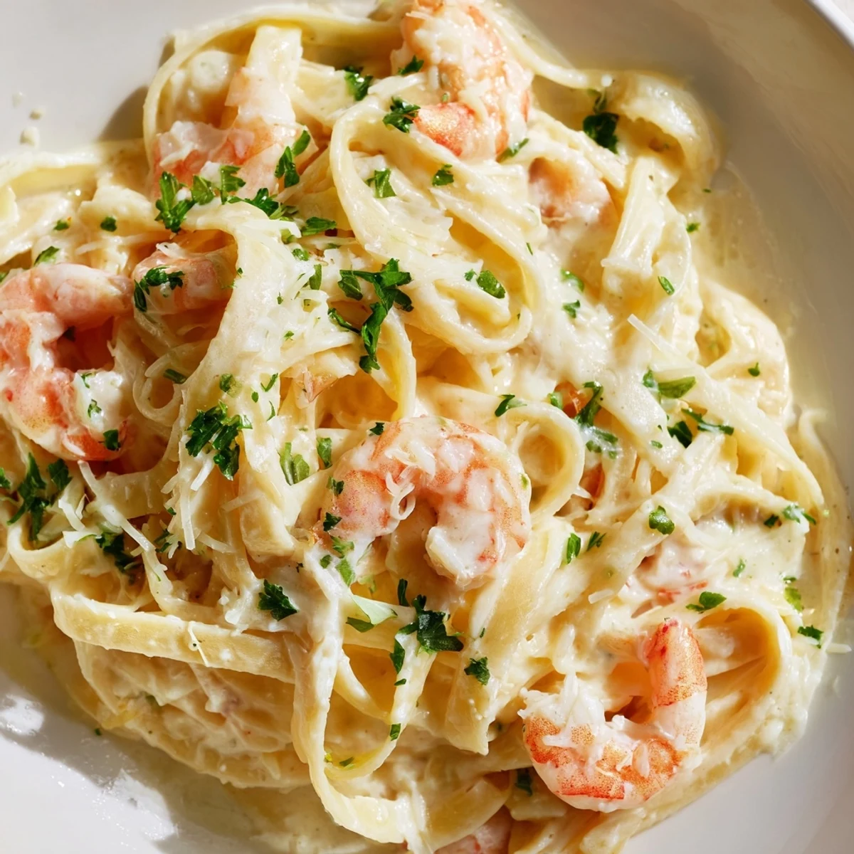 Steaming plate of one pan shrimp fettuccine Alfredo topped with fresh parsley garnish