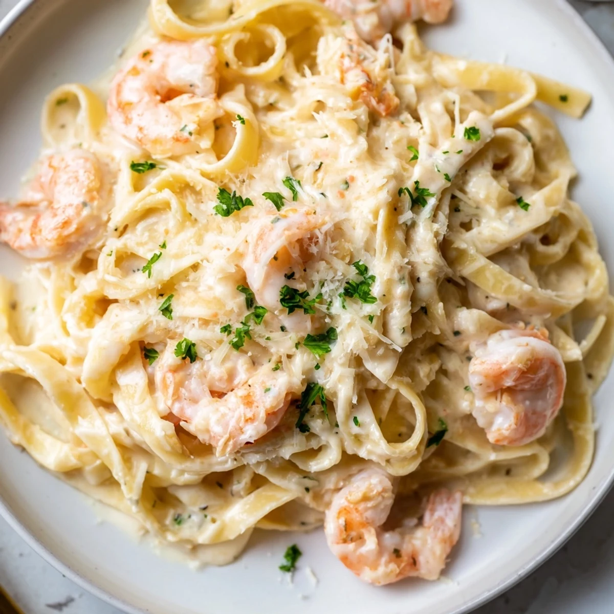 Golden fettuccine noodles coated in rich Alfredo sauce with succulent shrimp in one pan