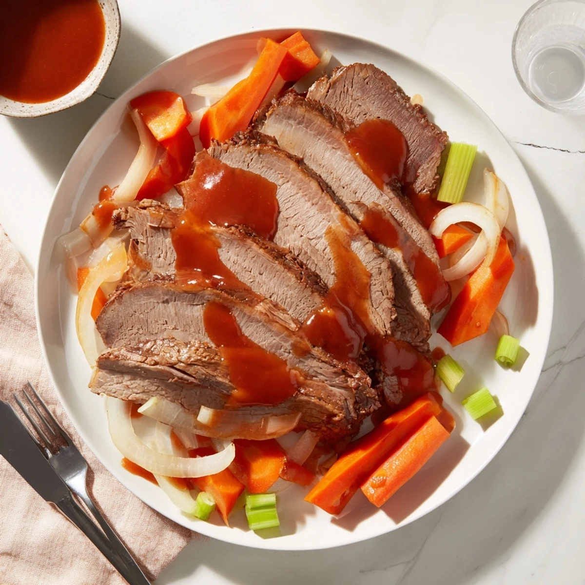 Sliced slow cooker beef brisket served family-style with tender vegetables and dark flavorful sauce