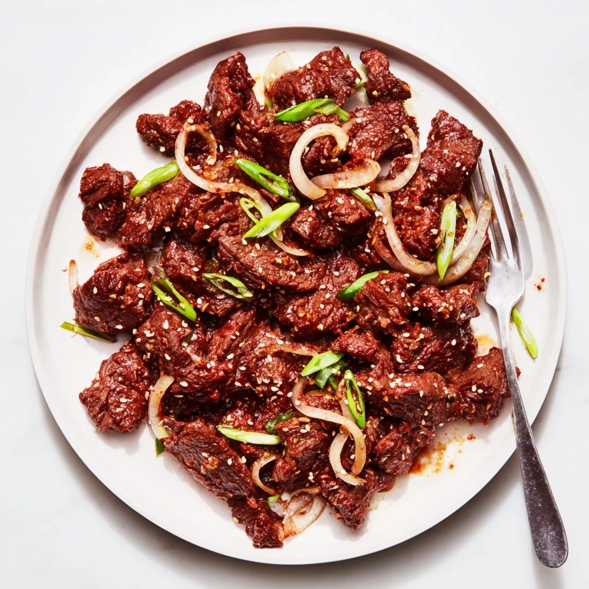 Shredded Korean beef slow-cooked for hours with sesame and garlic, garnished with green onions