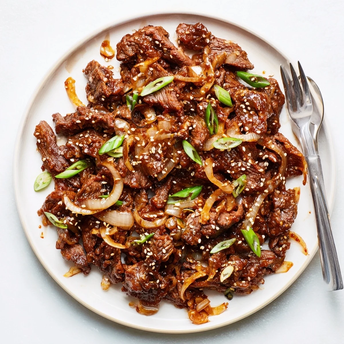 Savory slow cooker Korean beef served in crisp lettuce wraps with toasted sesame seed topping