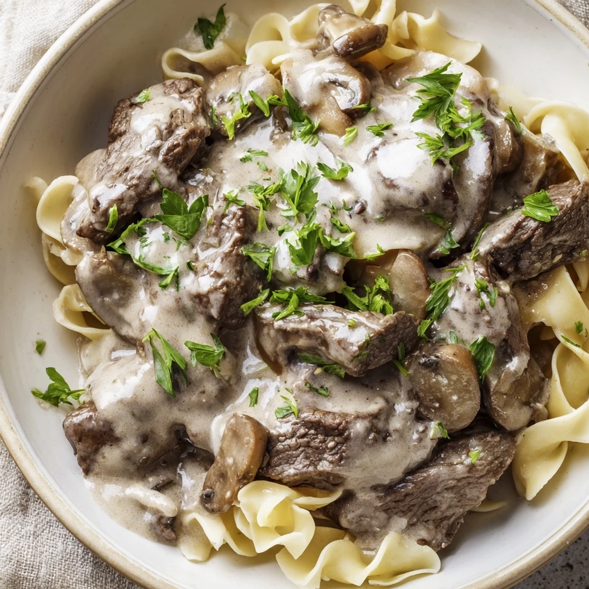 Homemade beef stroganoff garnished with fresh parsley atop buttery egg noodles in white bowl