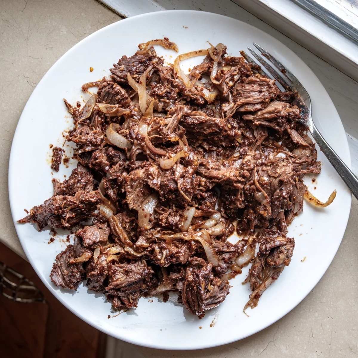 Flavorful slow-cooked shredded beef in a crock pot, fork-tender and ready for serving