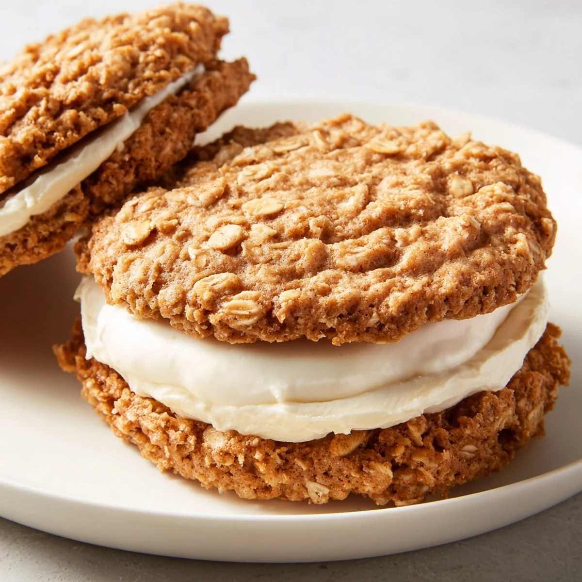 Two soft homemade oatmeal cream pies with white vanilla frosting sandwiched between golden brown textured cookies