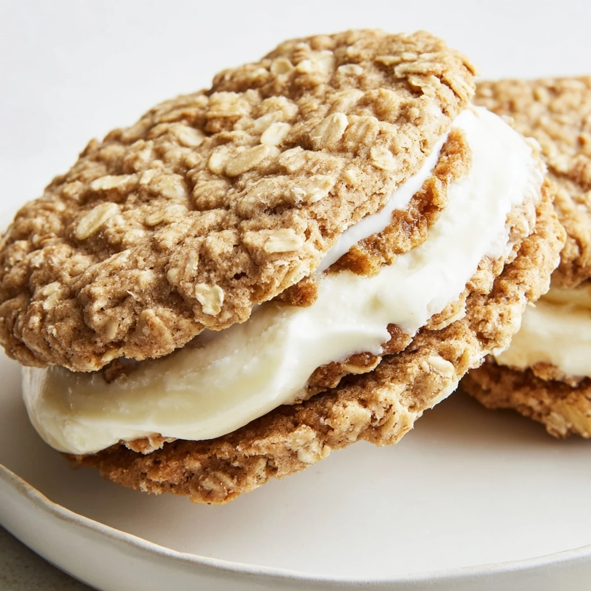 Plate of nostalgic oatmeal cream pies featuring chewy spiced cookies with sweet buttercream filling peeking from edges