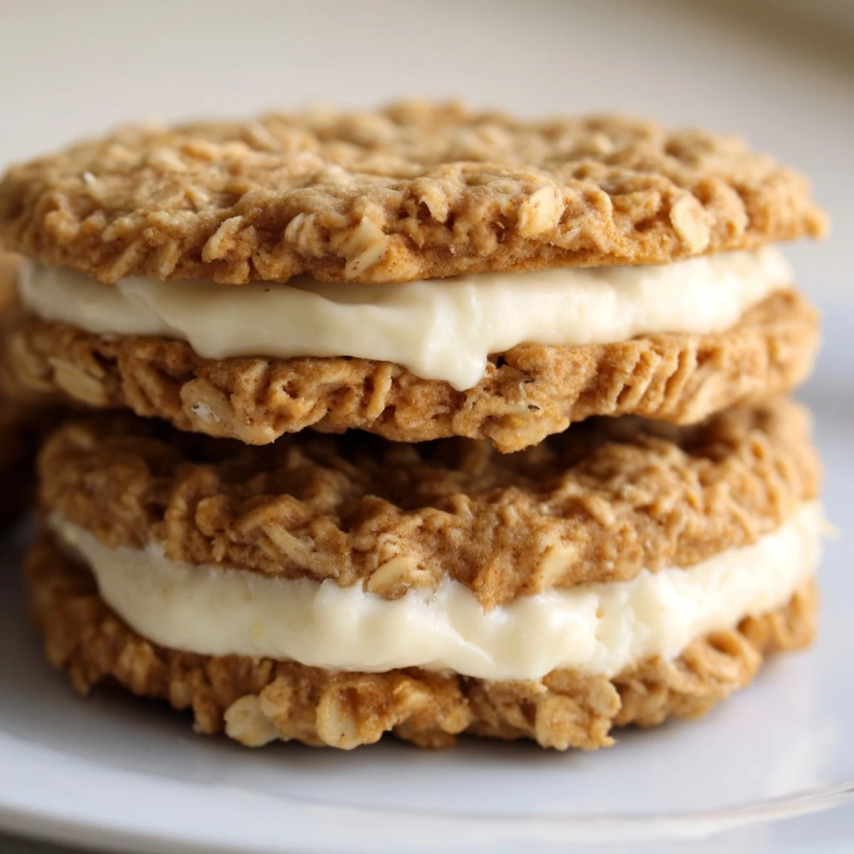 Close-up stack of homemade oatmeal cream pies showing thick cream layer between cinnamon-spotted cookie halves