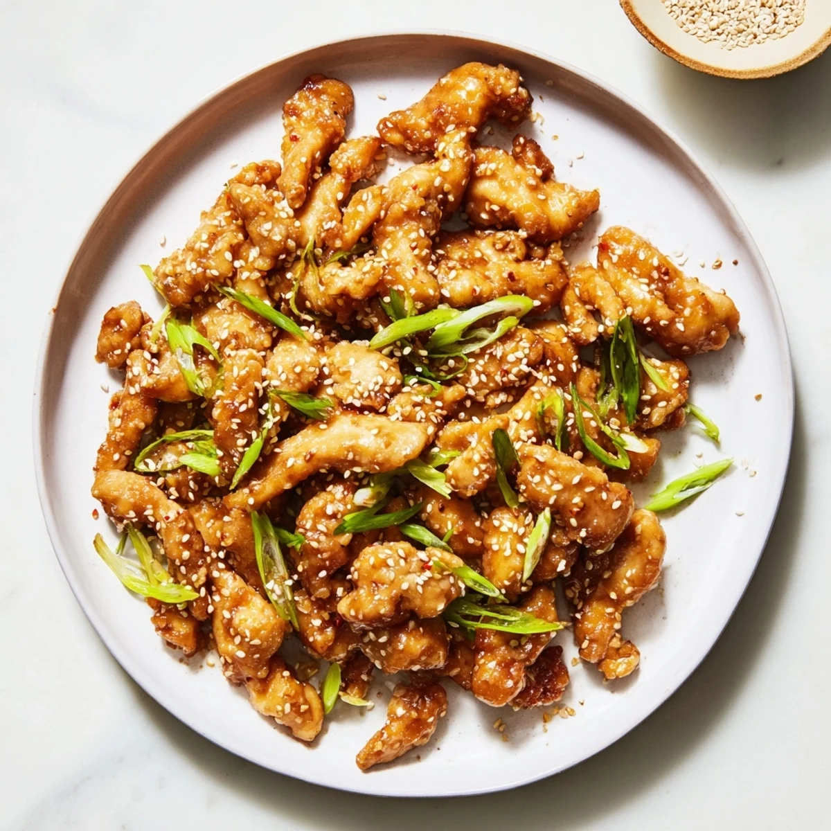 Golden Mongolian chicken pieces coated in glossy brown garlic ginger sauce with fresh green scallions scattered on top