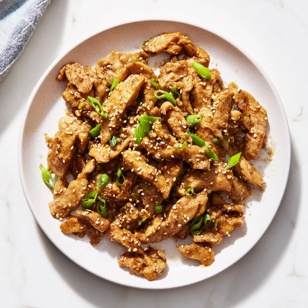 Savory Mongolian chicken stir-fry simmered in sweet hoisin sauce served over fluffy white steamed rice with sesame garnish