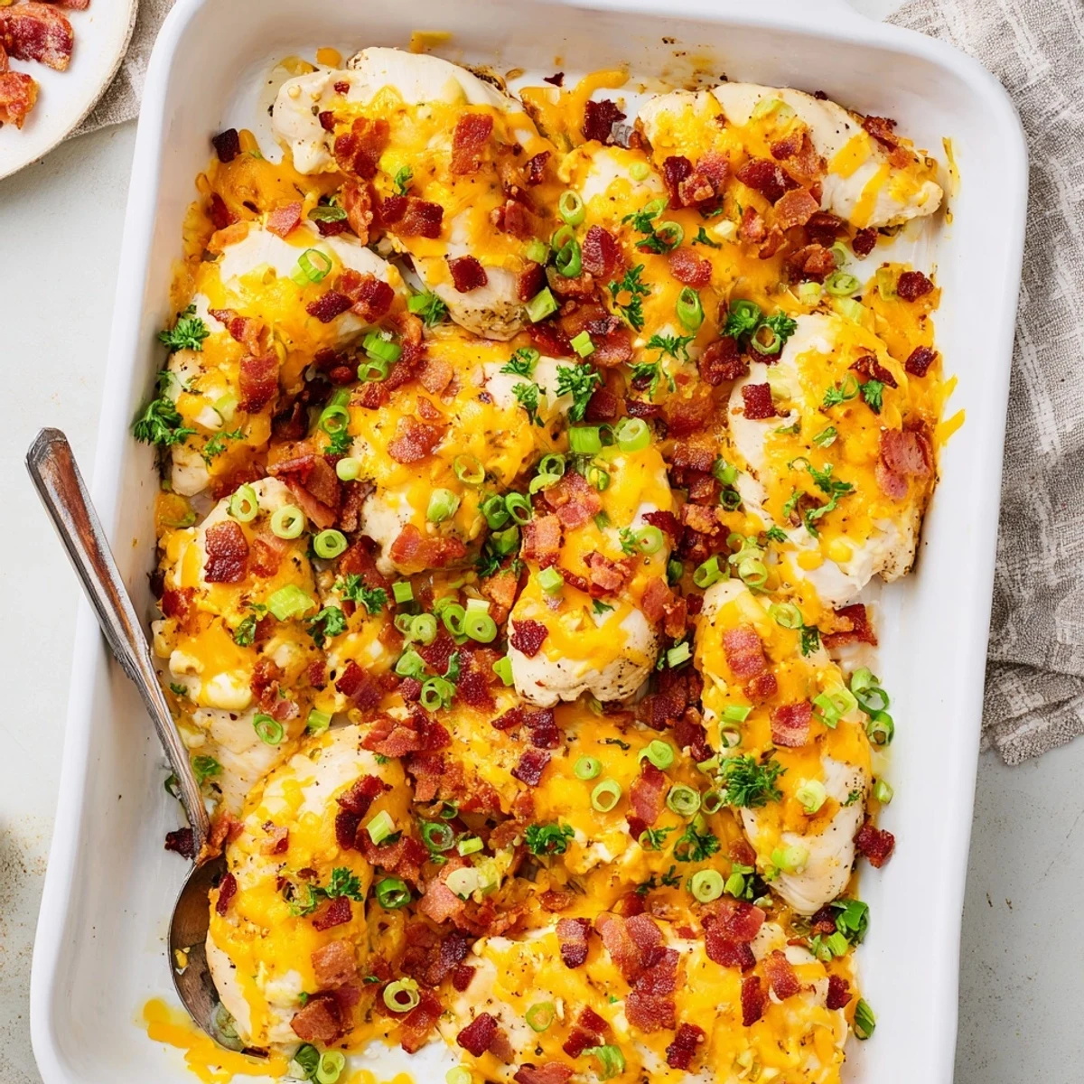 Golden brown baked crack chicken topped with crispy bacon and melted cheddar cheese