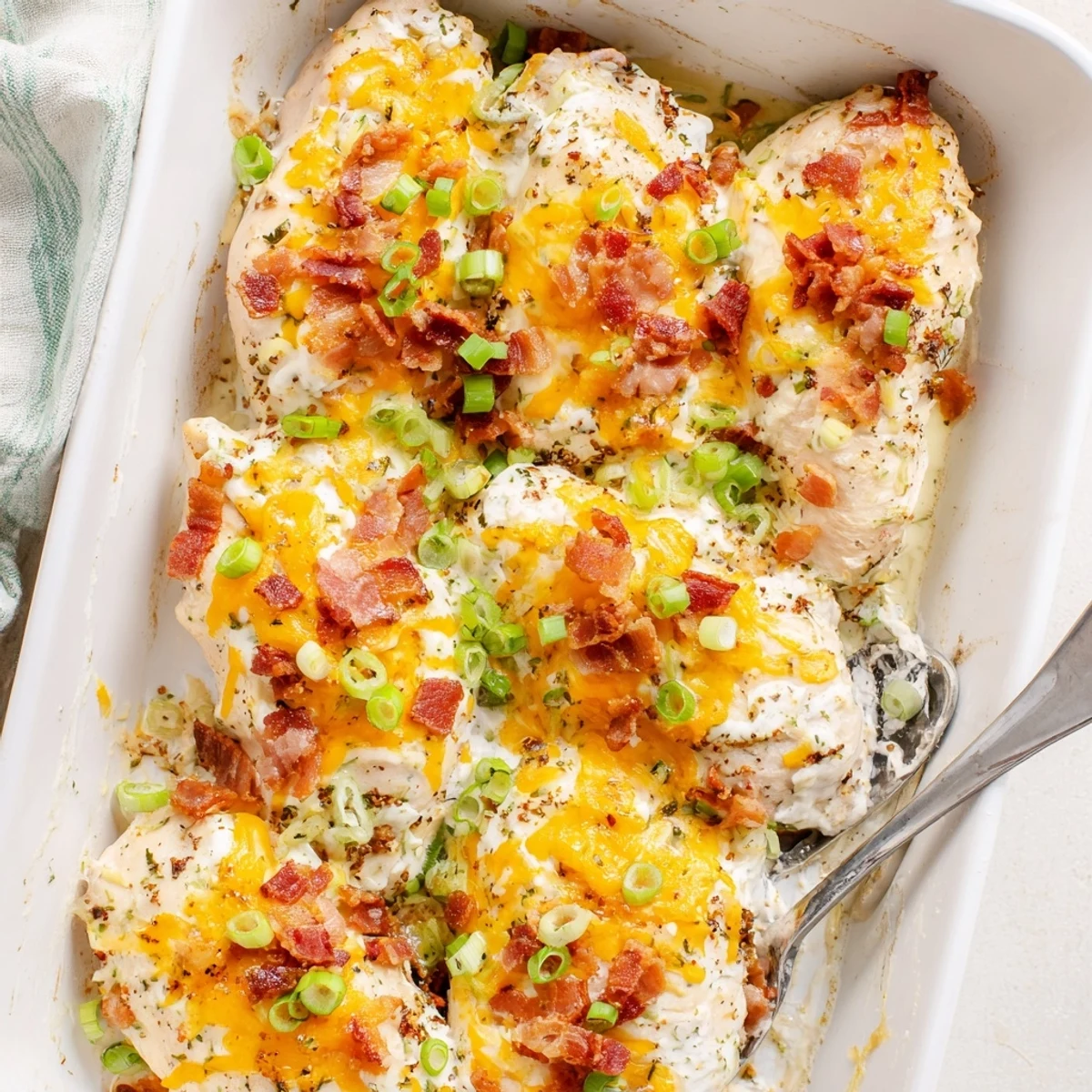 Creamy ranch baked crack chicken with bubbling cheese and crumbled bacon garnish