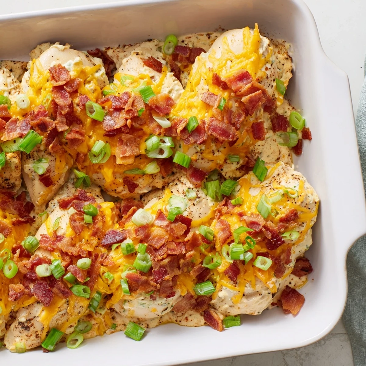 Oven-baked crack chicken breasts layered with cream cheese and savory crispy bacon bits