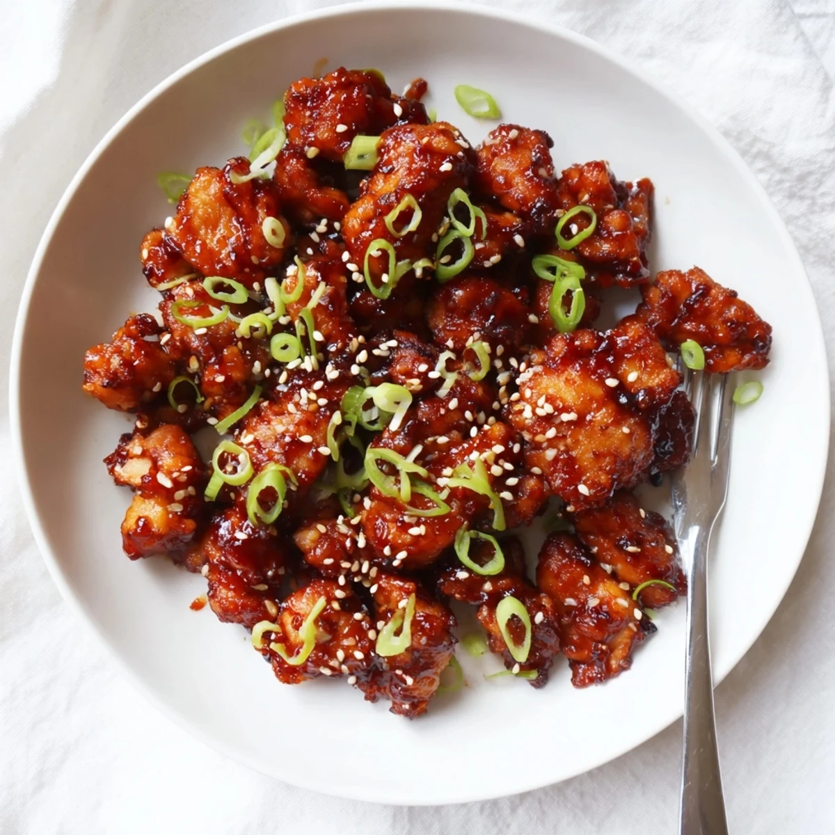 Spicy Korean Gochujang Chicken served over white rice with vibrant scallion topping and toasted seeds