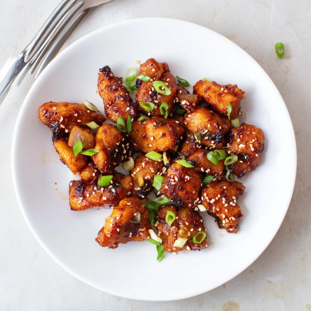 Tender chicken thighs coated in rich red gochujang sauce with chopped green onions and white sesame sprinkle