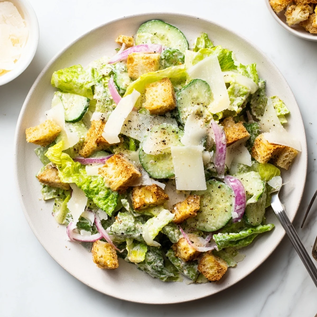 Fresh cucumber Caesar salad with crisp romaine, golden croutons, and creamy homemade Parmesan dressing drizzled over vibrant green vegetables
