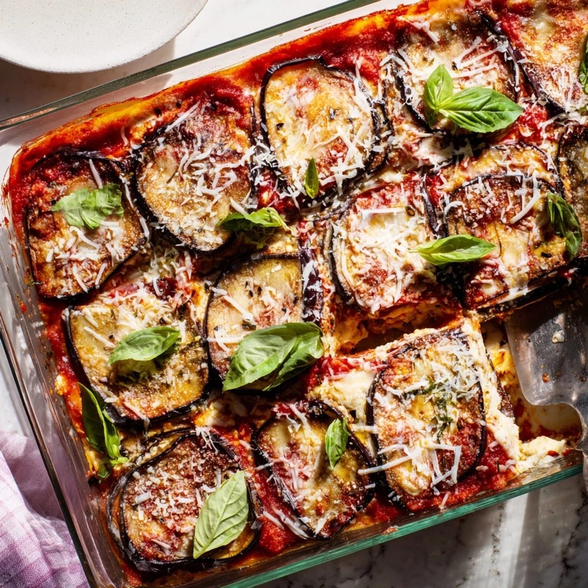 Layered Italian ricotta eggplant casserole featuring tender roasted eggplant slices with rich tomato sauce and melted cheese topping
