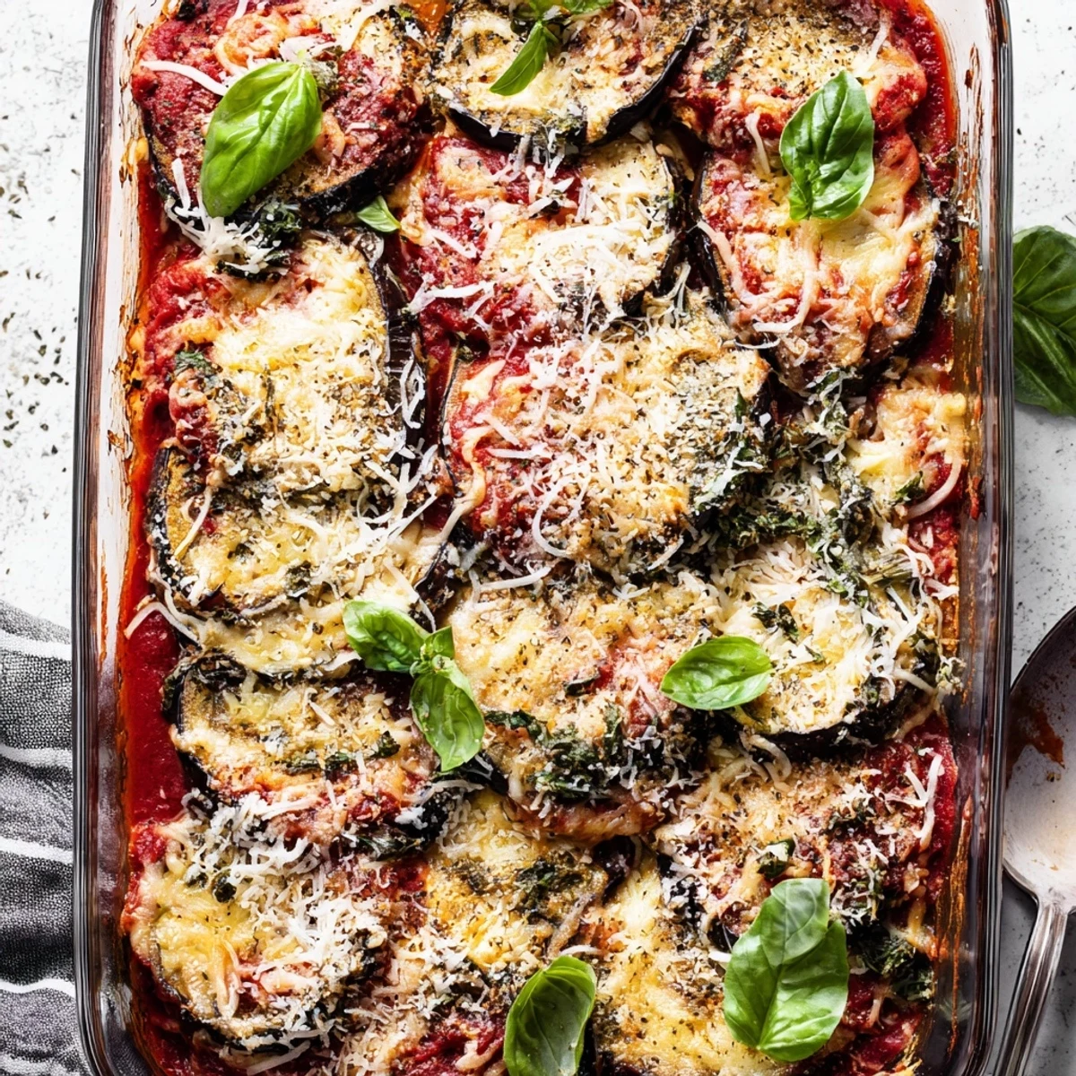 Golden brown ricotta eggplant casserole with bubbling mozzarella and fresh basil garnish on a white serving dish