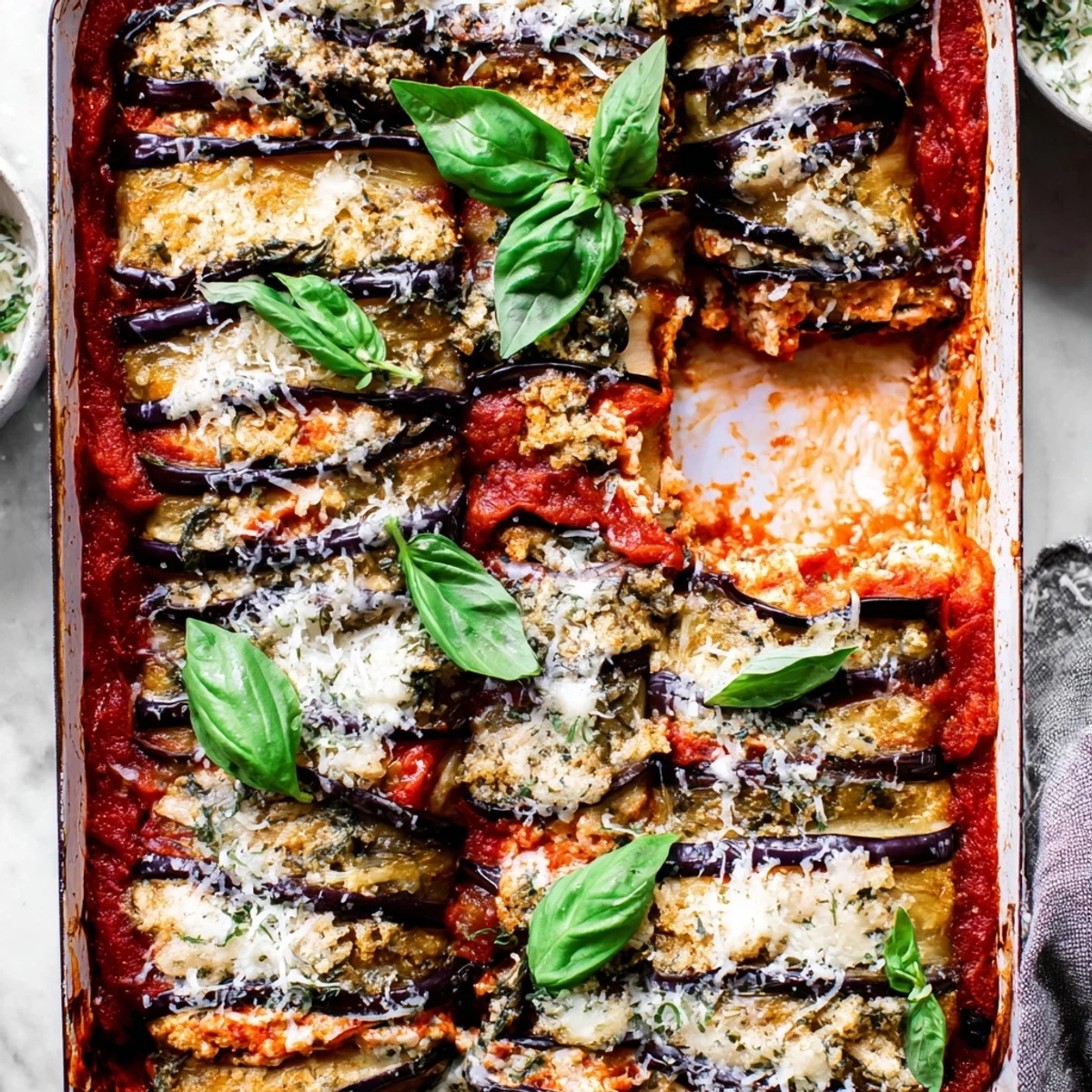 Scoop of creamy ricotta eggplant casserole showing distinct layers of eggplant, marinara, and golden mozzarella cheese