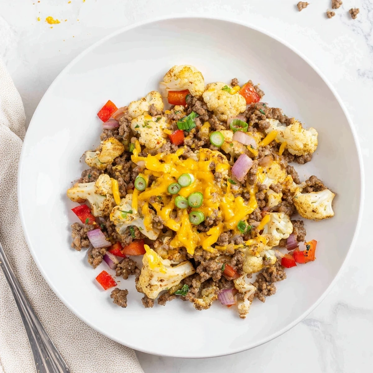 Hearty cauliflower and ground beef hash packed with colorful peppers and fresh green onions